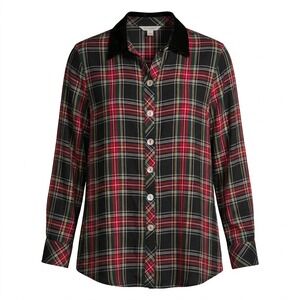 NEW John Mark Womens MEDIUM Plaid Button Down Shirt Red Black Velvet Collar
